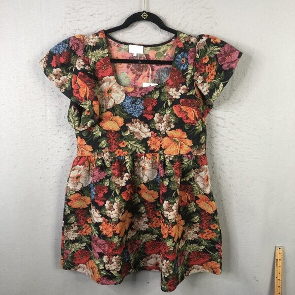 Enfsa Dress Womens Medium Black Multicolor Floral Jacquard Puff Sleeve Mini - Picture 1 of 16